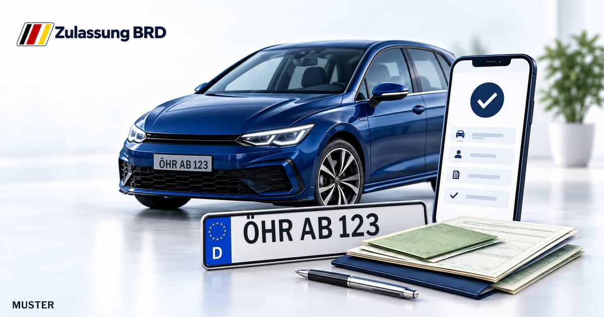 Online Fahrzeugzulassung in Öhringen: Musterkennzeichen ÖHR AB 123, Auto und Fahrzeugpapiere und Smartphone. Illustration mit Logo von Zulassung BRD.